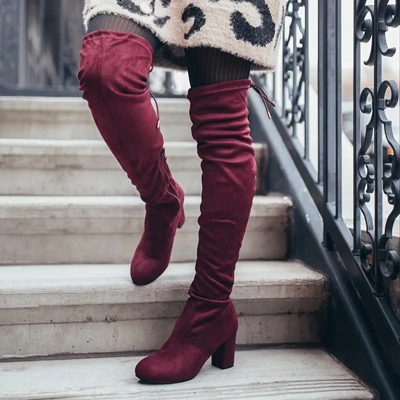 

Litthing 2019 Women Over Knee Boots Girl Round Head Fastened Female Boots Frenulum Square Heels Boots Hot sale