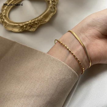

HUANZHI 2020 New Simple Design Metal Round Beaded Double Layer Snake Chain Bracelet Bangles for Women Girl Summer Party Jewelry