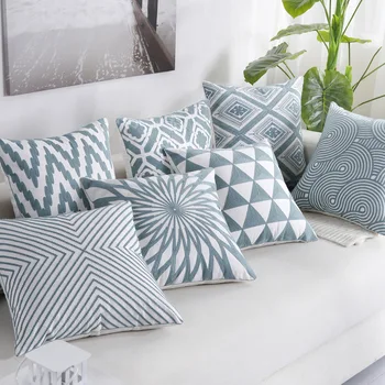 

ZENGIA Boho Geometric Embroidered Cushion Cover Blue Embroidery pillow case Ethnic Pillow cover For Sofa Home Decoration Pillow