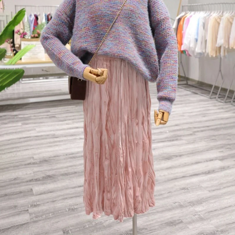 TIGENA Vintage Fold Velvet Skirt Women Fashion Korean High Waist Pleated Long Maxi Skirt Female Ladies Green Pink Blue