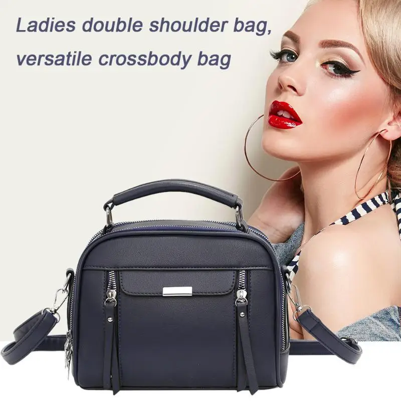 

Fashionable Solid Crossbody Bag Women Leather PU Retro Shell Shape Double Layer Zipper Top-handle Shoulder Female Bags