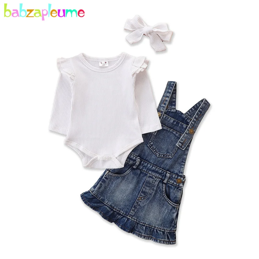 

babzapleume Spring Newborn Outfits Baby Girl Clothes Set Korean Cute Long Sleeve Cotton Infant Bodysuit+Denim Dress+Headband 123