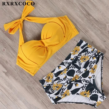 

RXRXCOCO Retro Vintage Halter Bikini Swimwear Women Print High Waist Bikini Set Swimsuit Bathing Suit Push Up Biquini Beachwear