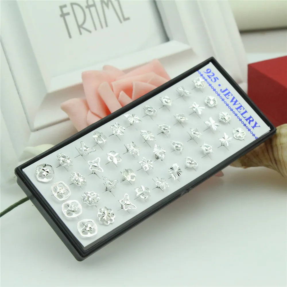 20 Pairs a Box of New Silver Earrings Personality Charm Classic Mixed Flower Earrings