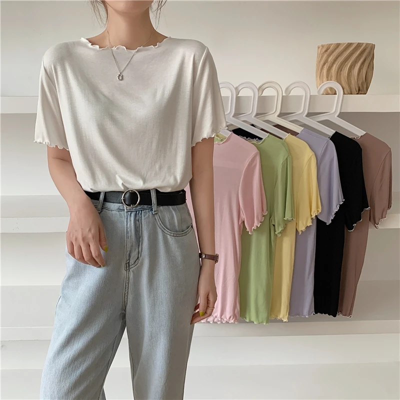 

Women Soft Cotton Sweet Ruffles Thin T shirts Female Soft White Black Tees Lady Elastic Basic Tops for Summer Camisetas De Mujer