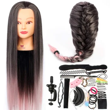 

26''Pink Ombre Long Hair Training Head Mannequin Head Hairdressing Salon For Head Hairstyles Braiding Practice Wig Doll + Clamp