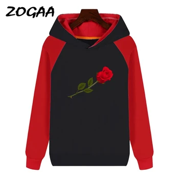 

ZOGAA 2019 Autumn Winter Hooded Hoodies Women Rose Print Loose Casual Streetwear Long Sleeve Warm Outerwear Pullover Sweatshirts