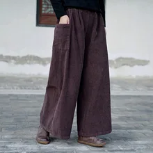 Женские вельветовые широкие брюки в стиле ретро, с эластичным поясом размера плюс, Брюки с карманами, зима, Новые однотонные мягкие брюки