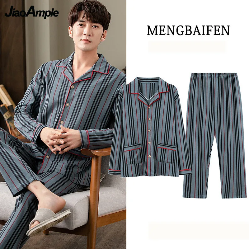Men's Pajamas Autumn 2022 New Pure Cotton Striped Long-sleeved Trousers Pyjamas Two-piece Set Lapel Nightie Home Clothes Suit mickey pajamas women autumn long sleeved trousers two piece pajamas outer wear girls new home service suits