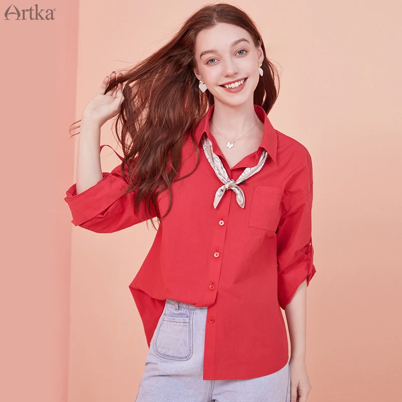 ARTKA 2020 Early Autumn New Women Blouses Fashion 4 Colors Pure Cotton Shirt Loose Casual Long Sleeve Shirts Free Gift SA25009Q