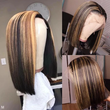 

Ombre Blonde Short Bob wig Highlight Lace Front Human Hair Wigs 13x4 Remy Brazilian Wig for Black Women Bleached Knots 180%