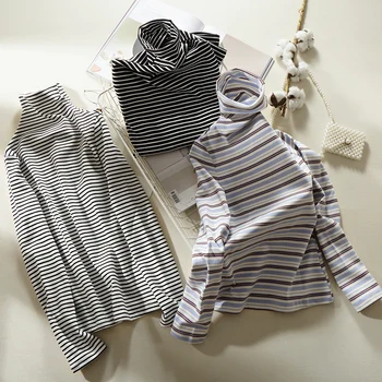 

Underwear Brushed plus Velvet High Collar Base Shirt Women's 2020 New Style Stripes Long-sleeved T-shirt 7892