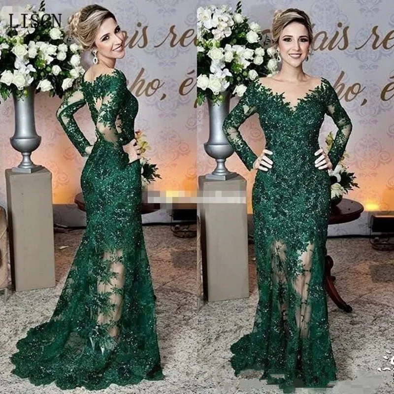 Sparkly Wedding Party Lange Illusie Mouwen Vintage Dark Green Moeder van De Bruid Jurken Kant Applicaties Mermaid Formele Gowns Sparkly Wedding Party Lange Illusie Mouwen Vintage Dark Green Moeder van De Bruid Jurken Kant Applicaties Mermaid Formele Gowns