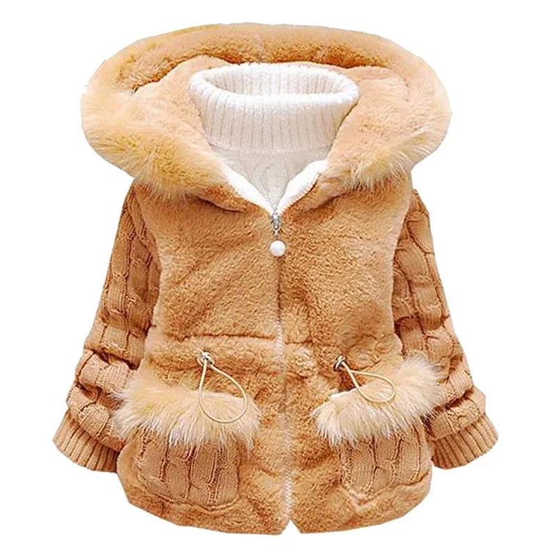 Новая зимняя одежда для маленьких девочек; детское утепленное хлопковое пальто с мехом; детская теплая вязаная куртка; флисовый зимний комбинезон для малышей; одежда с капюшоном - Цвет: Khaki