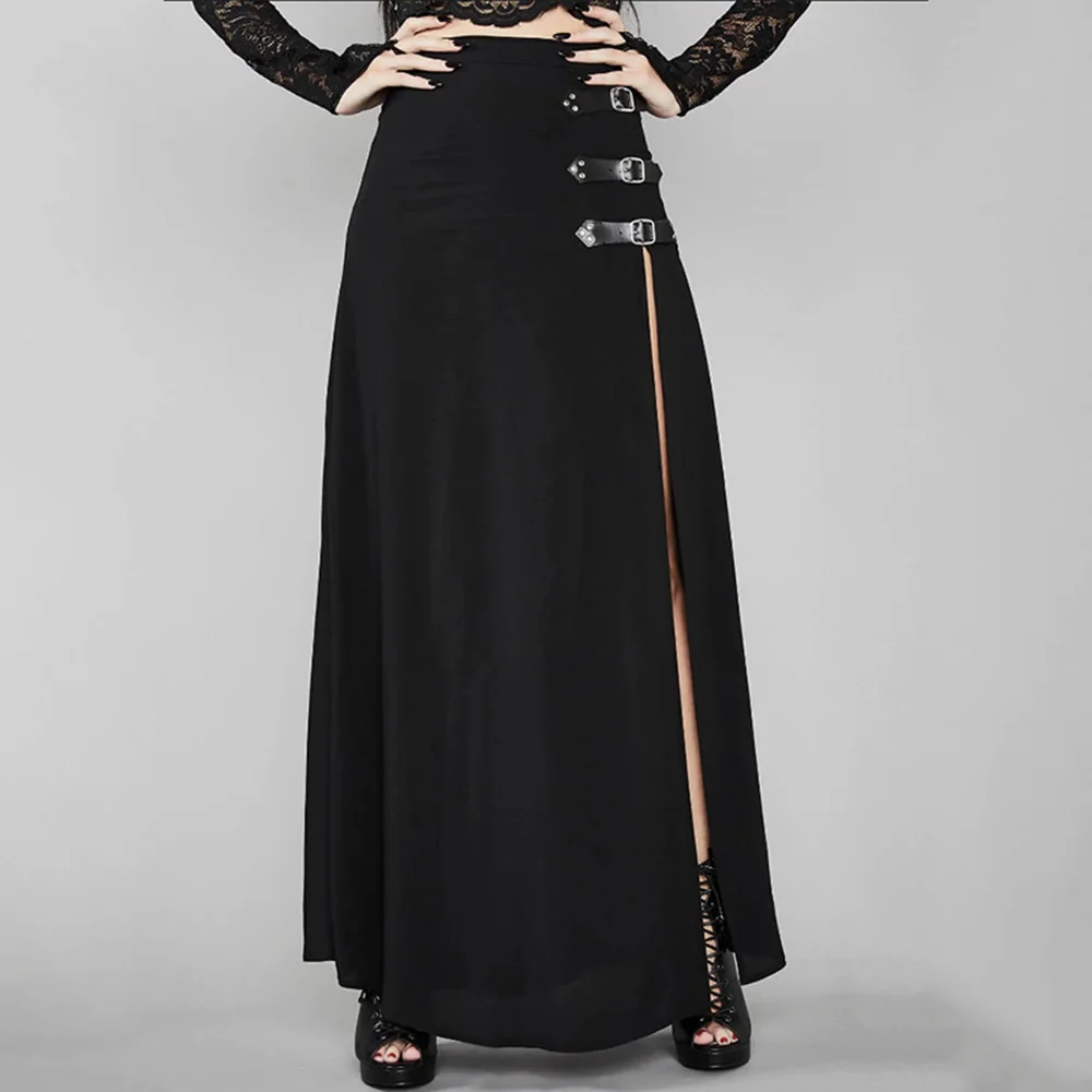 Rosetic Sexy Punk Women Maxi Skirt High Waist Split Design Buckle Gothic Black Vintage Party Red Elegant Long Skirts 2020 Fall