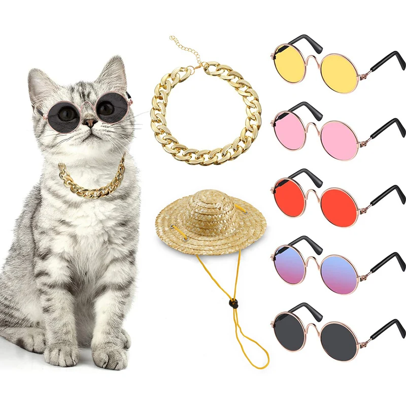 Gafas para gatos y mascotas adorables, productos para gatos y mascotas, gafas de sol de juguete para perros, accesorios para fotos, gafas redondas, conjunto de sombrero de paja