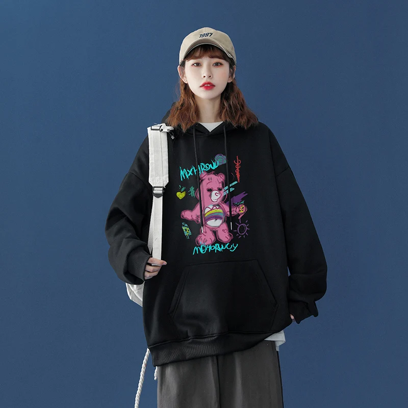 De talla grande de las mujeres Pequeño Oso de dibujos animados de impresión Sudadera con capucha parejas suelto par sudadera Unisex coreano Estilo vintage streetwear tops