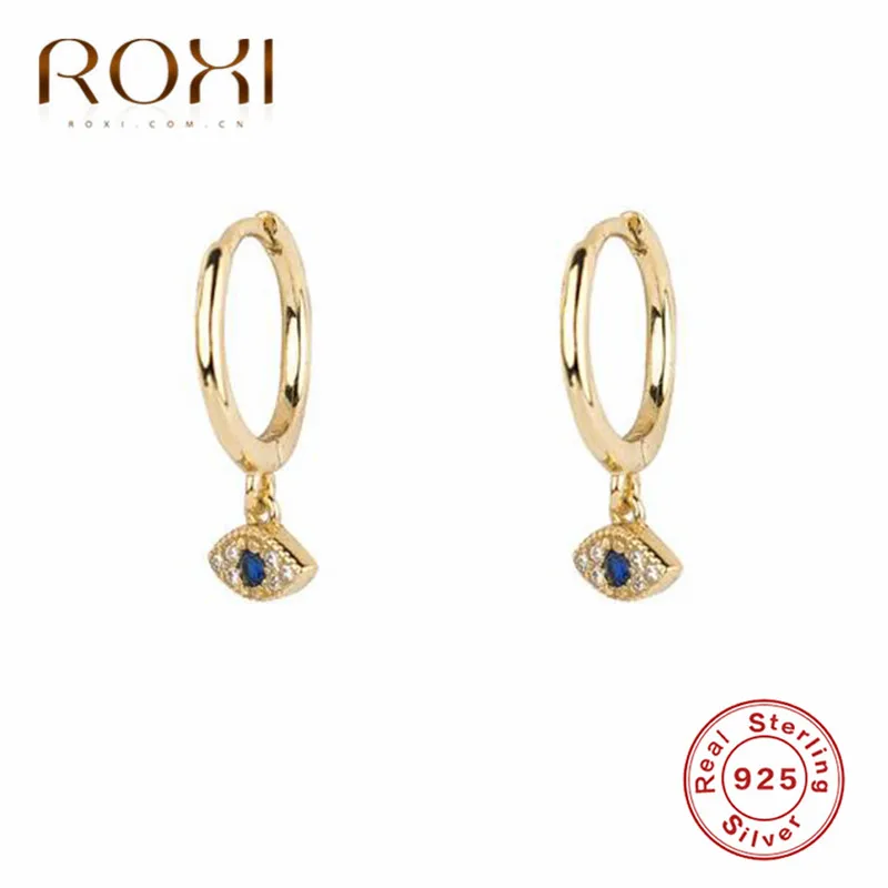 ROXI новые серебряные Подвесные серьги-гвоздики с 925 пробы злой глаз для женщин, мини циркониевые голубые глаза, маленькие серьги-гвоздики - Окраска металла: Золотой цвет