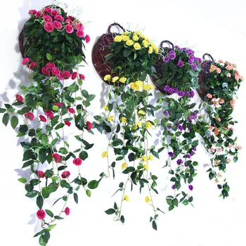 

1pcs Artificial Flowers Simulation Rose Wall Hanging Basket Fake Flowers Wedding Home Decoration Wall Flowers