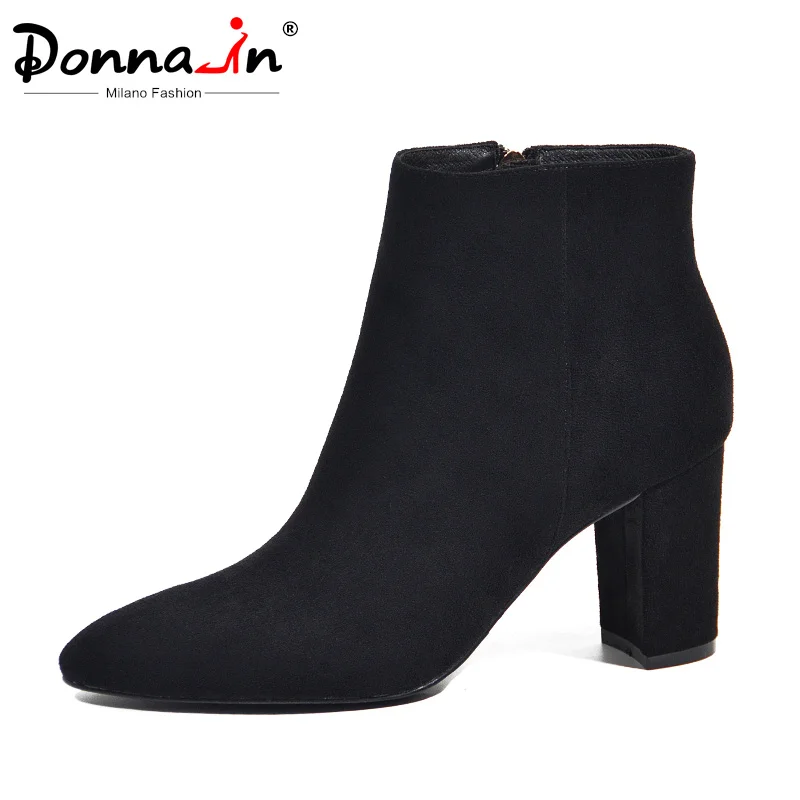 

Donna-in Black Suede Women Ankle Boots Square High Heels For Autumn Elegant Pointed Toe Zipper Leather Shoes Women botas mujer