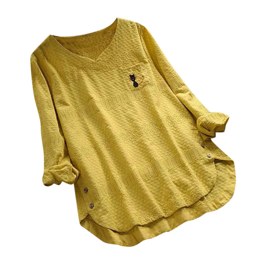 SAGACE Женская винтажная рубашка с принтом кота и ПУГОВИЦЕЙ С v-образным вырезом и длинным рукавом, большие размеры, хлопковая длинная Корейская повседневная женская футболка, 28 августа