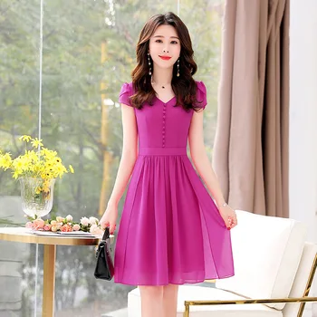 

Solid color simple mid-length dress temperament chiffon A- line dress was thin