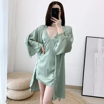 

Summer Nighty&robe Set Kimono Gown Solid Satin Women Wedding Robe Nightdress Casual Sexy V-neck 2pcs Sleepwear Homewear Negligee