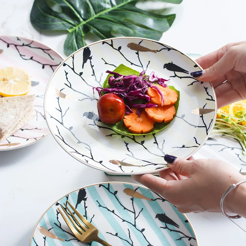8 дюймовая круглая керамическая тарелка для стейка с лесными птицами без свинца