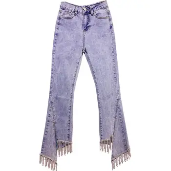 

Rhinestone tassel chain 2019 spring autumn new fashion high waist split Slim denim cropped jeans