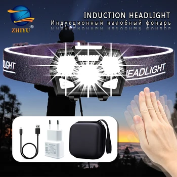 

ZHIYU Ultra Bright USB Rechargeable LED Headlamp Waterproof Head Torch with 5 Lighting Modes Finger Induction Switch for Running