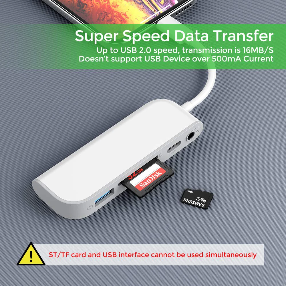 SD TF кардридер, USB для осветления адаптера, 5 в 1 кардридер адаптер с 1* USB 2,0 OTG интерфейс, SD/TF кардридер, 1* PD