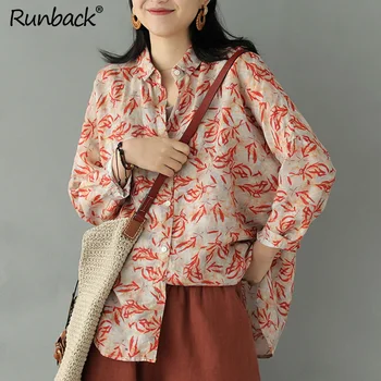 

Runback Plus Size Shirts Women Print Blouses Vintage Ramie Loose Long Sleeve Turn Down Collar Button Up Shirt Ropa Mujer Tunic