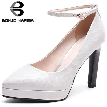 

BONJOMARISA New Ladies Spring Fashion Platform Pumps Elegant Shallow Ankle Strap Pumps Women High Heels Shoes Woman