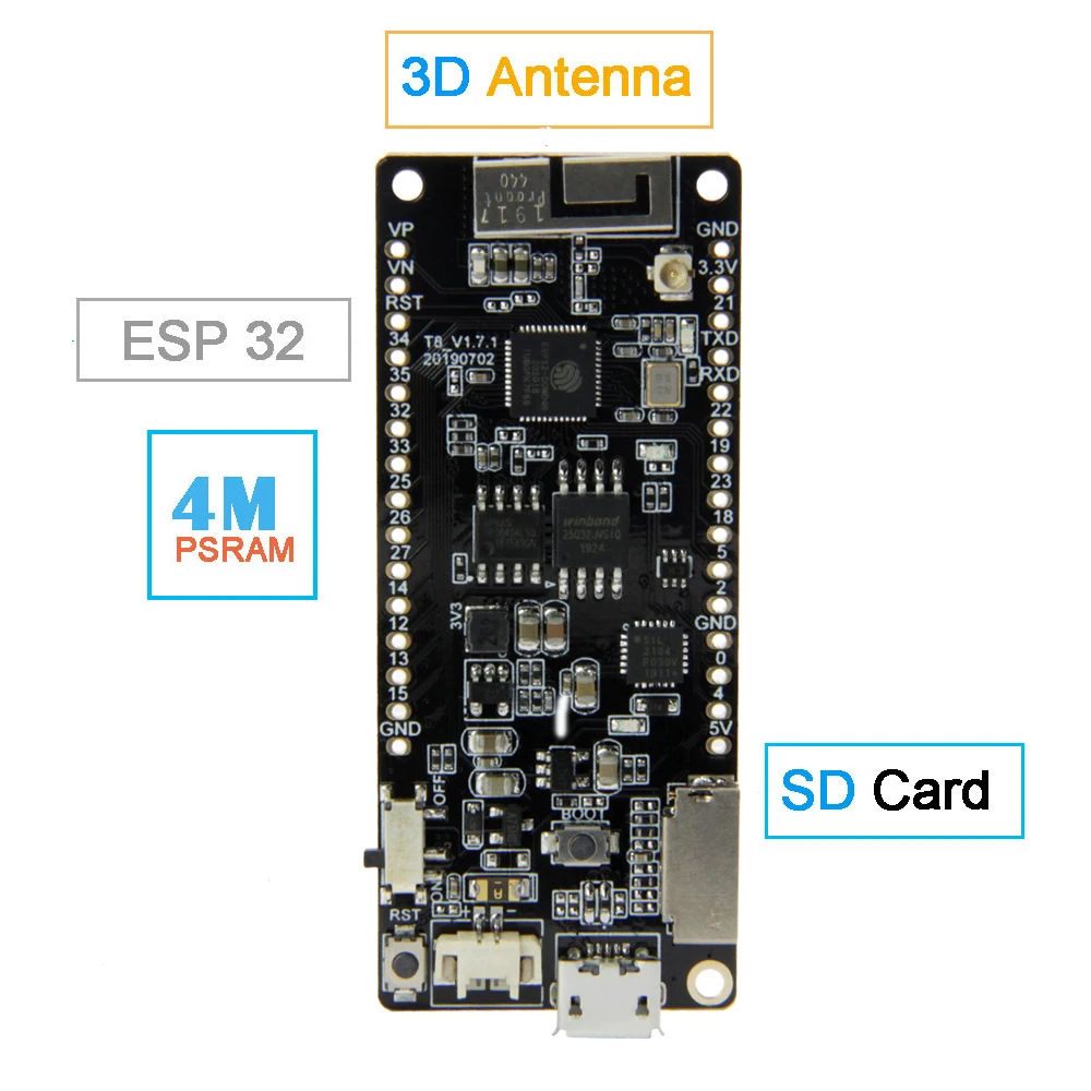 LILYGO®TTGO T8 V1.7.1 ESP32 4 Мб PSRAM TF карта 3D антенна WiFi и Bluetooth ESP32-WROVER micropyton