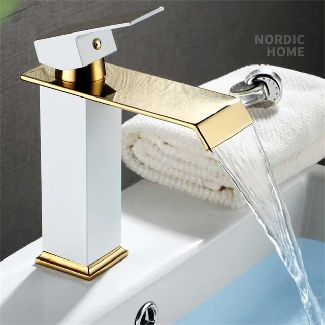 Basin Faucet Gold and Black Waterfall Faucet Brass Bathroom Faucet Bathroom Basin Faucet Mixer Tap Hot Basin Faucet Gold and Black Waterfall Faucet Brass Bathroom Faucet Bathroom Basin Faucet Mixer Tap Hot and Cold Sink faucet