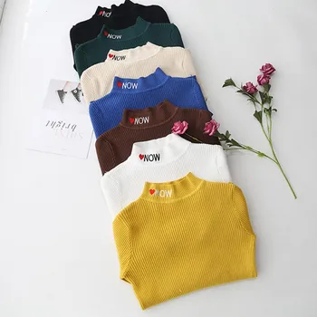

Knit sweater women soft pullover simple women's sweater letter embroidery long-sleeved high-neck slim bottoming sweater