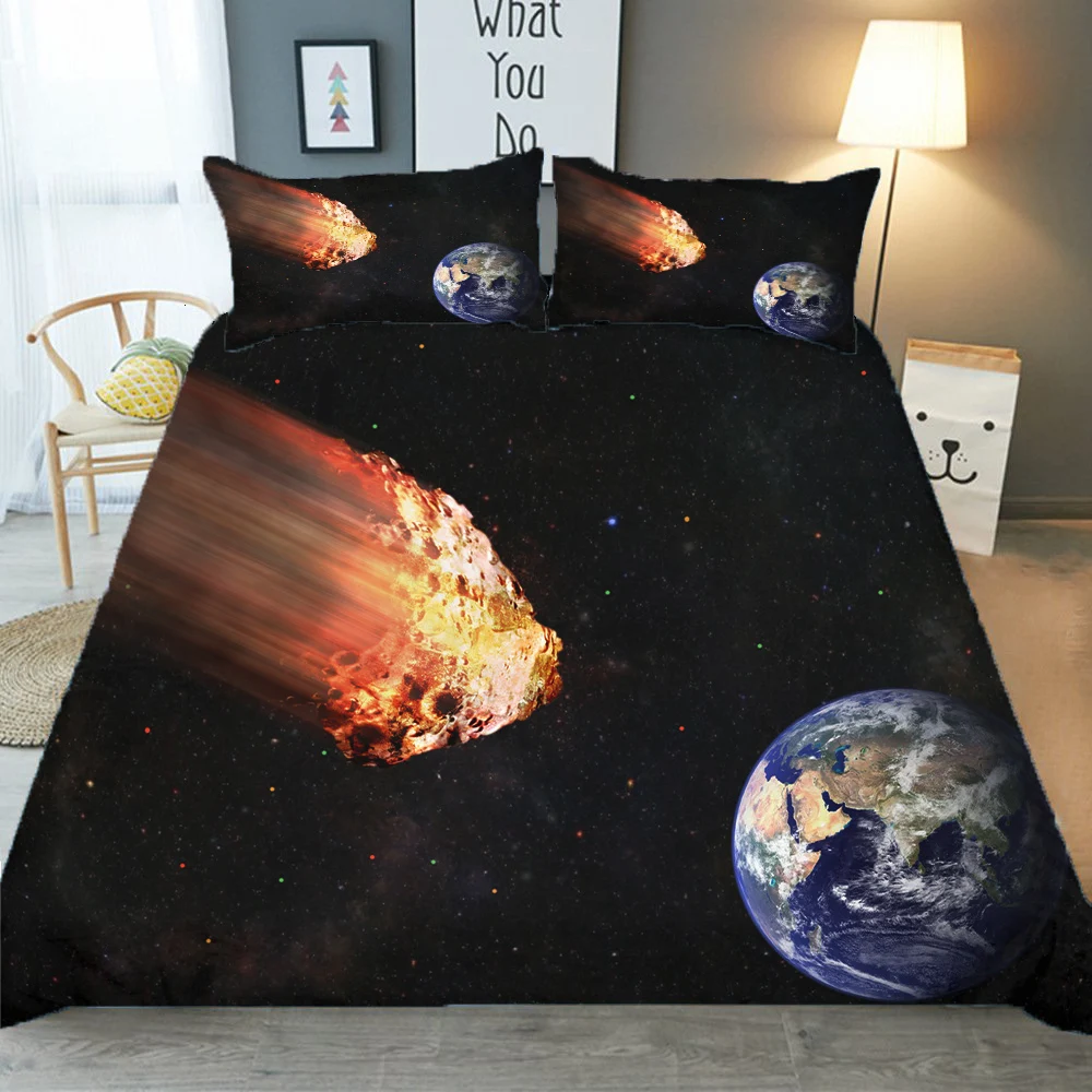 

Universe Planet Stars Printed Bed Set Queen Size Space Art Duvet Cover 3D Quilt Kids Bedroom Decor Comforter Black Bedding Home