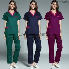 Цветной блокирующий доктор медсестры скрабы с коротким рукавом скраб-топ боковые вентиляционные брюки санитара для женщин Bog карманы хлопок медицинская униформа