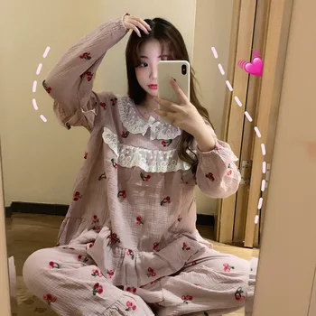 

Spring and Summer Korean Style Sweet and Cute Cotton Pajamas Princess Sleeve Student Strawberry Pajamas Suit Home Service Women