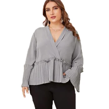 

Bohisen Women Tee Plus Size Summer Elegant Irregular V-Neck Chiffon soft Tunic Casual Solid breathable Long Sleeve Top Shirts