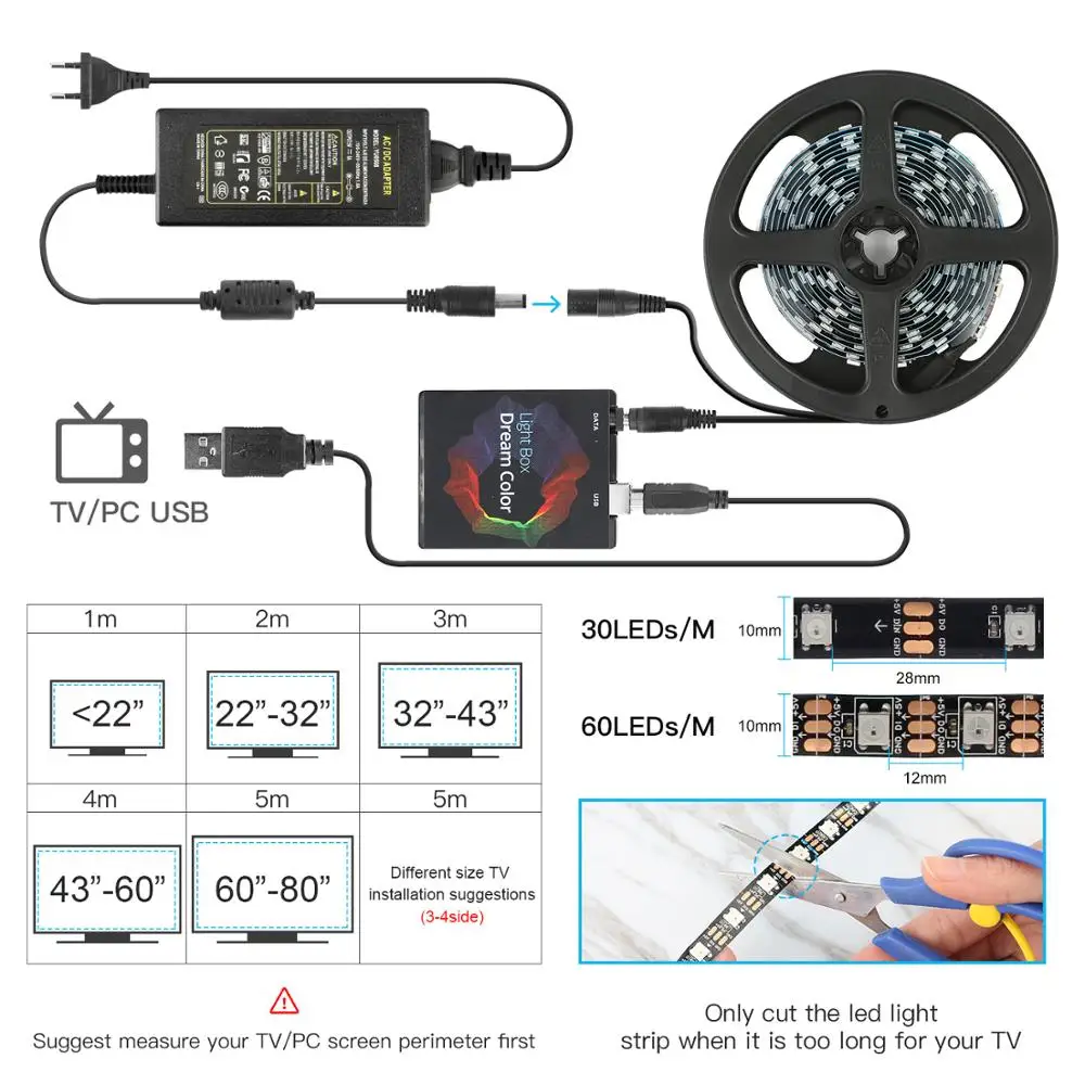 US $28.32 DIY Ambient TV PC Dream Screen USB LED Strip HDTV Computer Monitor Backlight Addressable WS2812B LED Strip 12345m Full Set