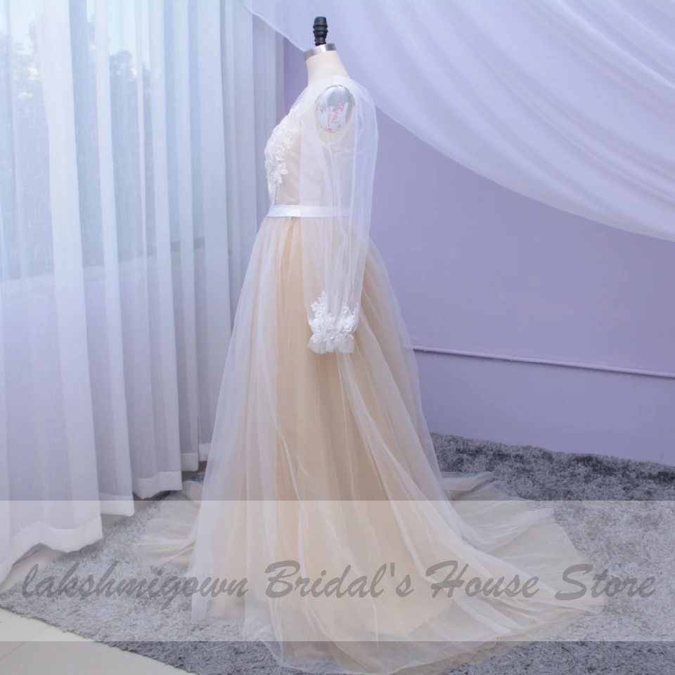 Сексуальное свадебное платье в стиле бохо размера плюс, свадебное платье принцессы цвета шампанского с длинным рукавом Hochzeit с открытой спиной
