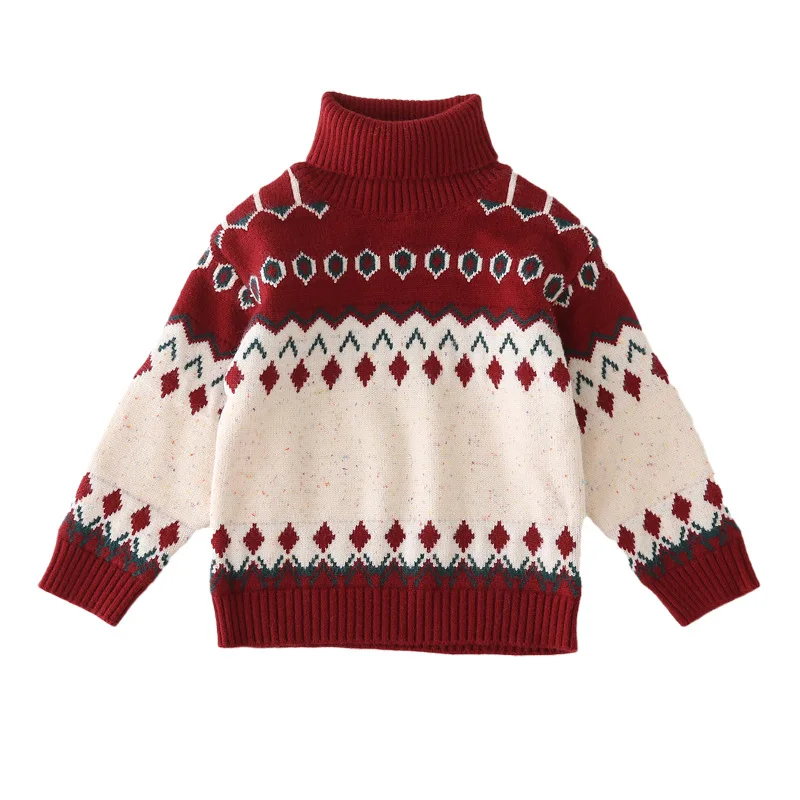 Suéter feo de cuello alto de estilo vintage navideño para la familia, conjunto cálido de invierno para padres e hijos, jersey de punto de estilo preppy grueso