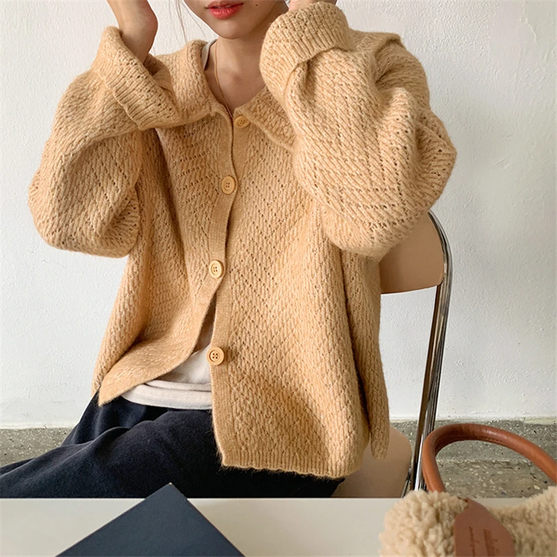 

Casual New Peter Pan Collar Kawaii Sweater Top Women Fall Solid Color Single Breasted Straight Cardigan Jacket Female 2020