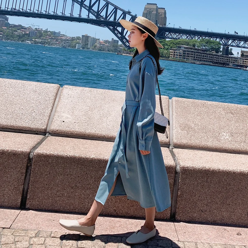 

INS-Style Shirt Skirt 2019 Spring New Style Korean-style WOMEN'S Wear Retro CHIC Waist Hugging Mid-length A- line Dress