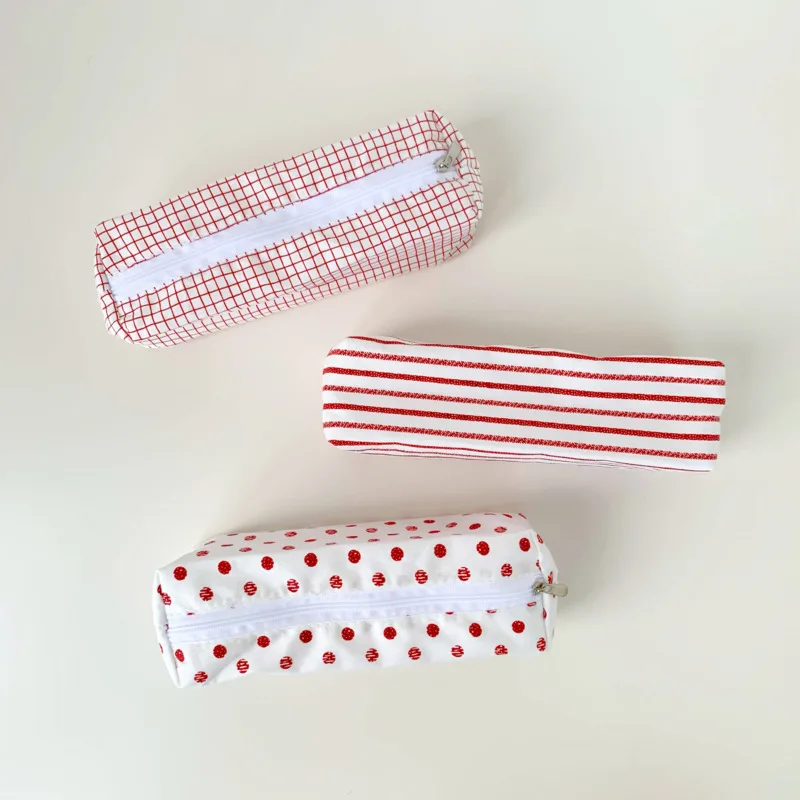 

Red And White Line Grid Wave Point Pencil Bag Simple Style High-capacity Stationery Storage Bag School Supplies Mini Wallet