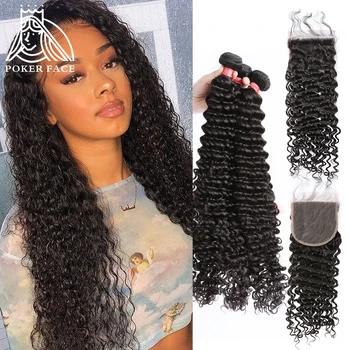 

8-40 Inch Deep Wave Bundles With Closure Brazilian Remy Curly 100% Human Hair Water Wave 3 4 Bundles Weave And Lace Closure