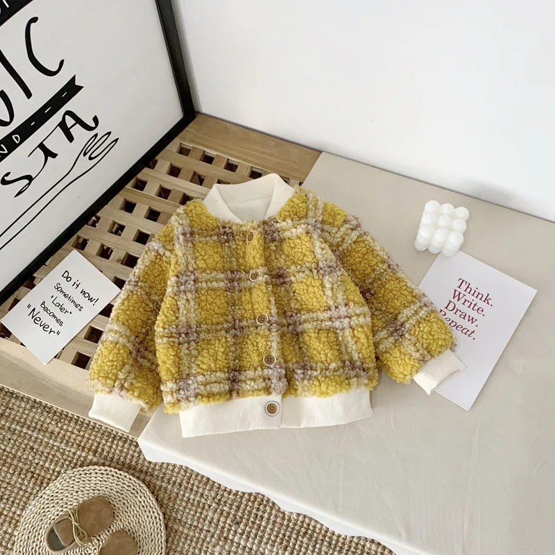 YELLOW Г., пальто для маленьких девочек зимние пальто для девочек, цветное клетчатое пальто с мехом ягненка мягкая хлопковая куртка короткая куртка одежда для маленьких девочек - Цвет: YELLOW