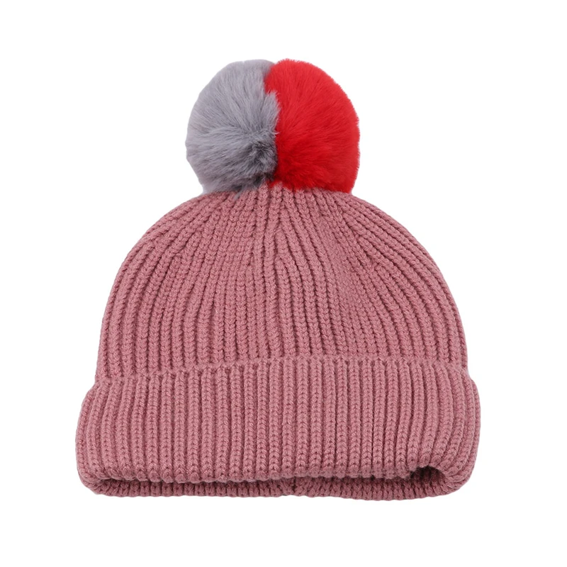 High Quality Cute Winter Baby Children Knitted Hats Double Color Hair Ball Beanies Cap Warm Kids Cap Crochet Boy Girl Fur Hats