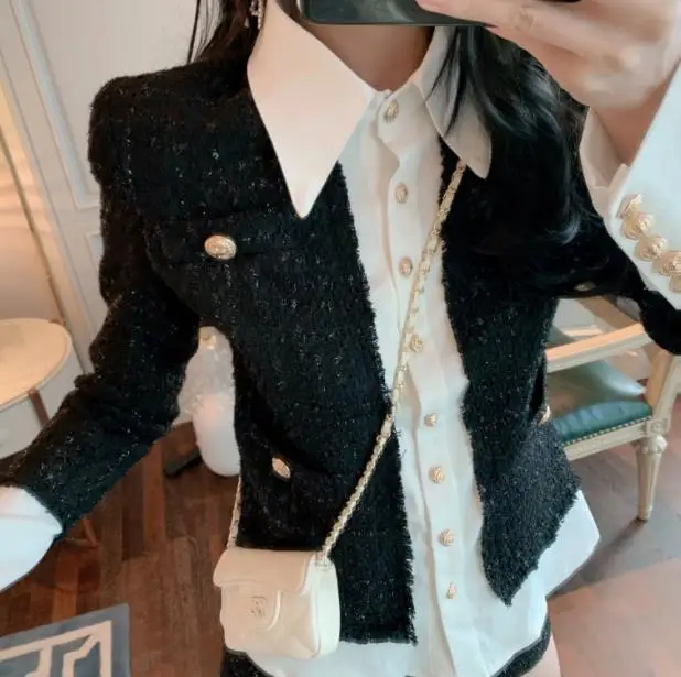 discounted  Patchwork Tweed Jackets Women's Coat Lapel Collar Long Sleeve Korean Coats Female Short Jackets Aut